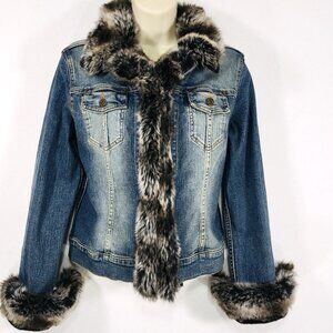ALLEN B. By Allen Schwartz Sz XS Faux Fur Trim Denim Jean Jacket Penny Lane